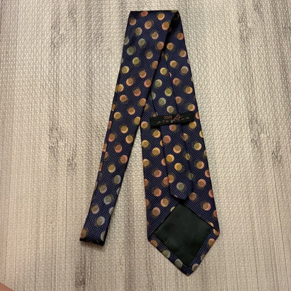 XMI Platinum Silk Tie Navy Blue Spiral Polka Dot Italian Fabric USA Made Luxury